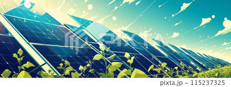 Growing fresh vegetables and fruits next to fields with solar panels, eco generation, illustration banner 115237325