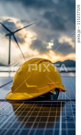 Yellow safety helmet on solar panels against the background of wind generators, green energy 115237326