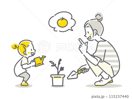 家庭菜園を始める若いお母さんと小さな女の子　シンプルでお洒落な線画イラスト 115237440