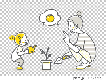 家庭菜園を始める若いお母さんと小さな女の子　シンプルでお洒落な線画イラスト 115237440
