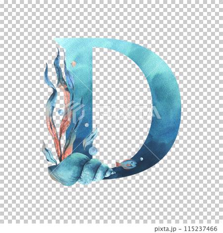 Capital letter D, part of the Latin alphabet decorated in a wet theme with corals, shells, algae, bubbles, blue and coral colors. Hand drawn watercolor illustration. Element isolated from background. 115237466
