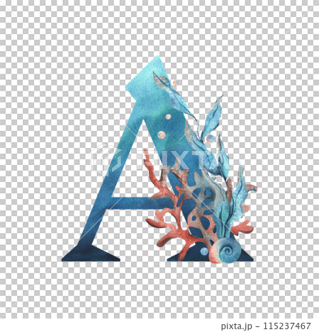 Capital letter A, part of the Latin alphabet decorated in a wet theme with corals, shells, algae, bubbles, blue and coral colors. Hand drawn watercolor illustration. Element isolated from background. 115237467