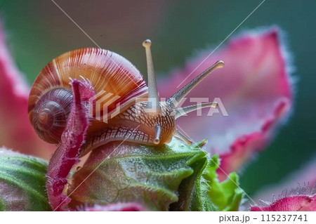 close up Snail on a flower and leaf in a garden close up Snail on a flower and leaf in a garden 115237741