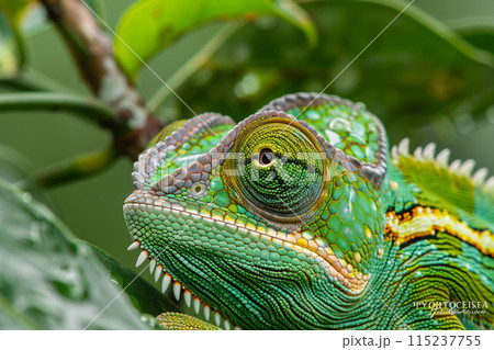 Green iguana, chameleon, and lizard perched on a branch in a close-up wildlife scene, showcasing their exotic colors and intricate camouflage 115237755