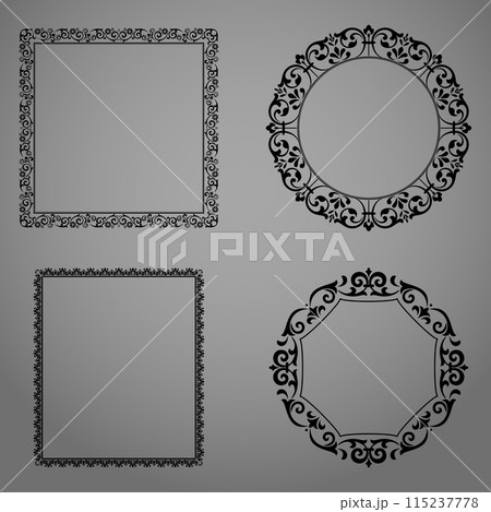 Set of decorative frames Elegant vector element for design in Eastern style, place for text. Floral black and gray borders. Lace illustration for invitations and greeting cards 115237778