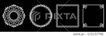 Set of decorative frames Elegant vector element for design in Eastern style, place for text. Floral black and white borders. Lace illustration for invitations and greeting cards. Set of decorative frames Elegant vector element for design in Eastern style, place for text. Floral black and white borders. Lace illustration for invitations and greeting cards. 115237790