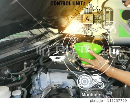 Concept The use of artificial intelligence (AI) to help in checking engine maintenance intervals, applications help to check. 115237799