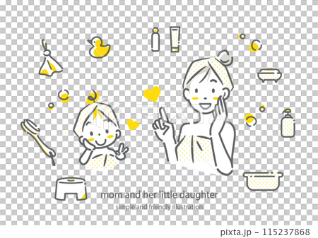 A young mother and little girl after a bath, satisfied with their moisturized skin. Simple and stylish line drawing illustration 115237868