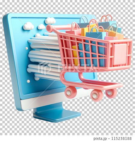 Shopping cart with paper bags come out from computer screen, online shopping concept. 115238188