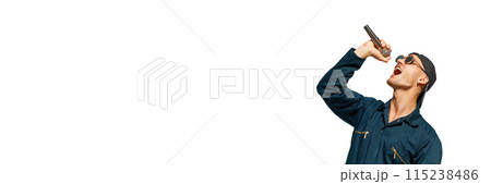 Banner. artistic young man, singer performing against white studio background with negative space to insert text. 115238486
