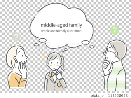 A middle-aged couple thinking about education with their daughter - simple and stylish line drawing illustration A middle-aged couple thinking about education with their daughter - simple and stylish line drawing illustration 115238638
