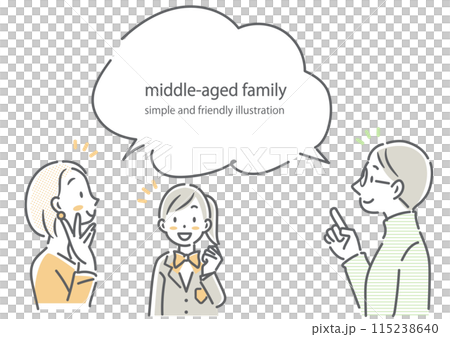 A middle-aged couple thinking about education with their daughter - simple and stylish line drawing illustration A middle-aged couple thinking about education with their daughter - simple and stylish line drawing illustration 115238640