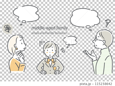 A middle-aged couple thinking about education with their daughter - simple and stylish line drawing illustration A middle-aged couple thinking about education with their daughter - simple and stylish line drawing illustration 115238642