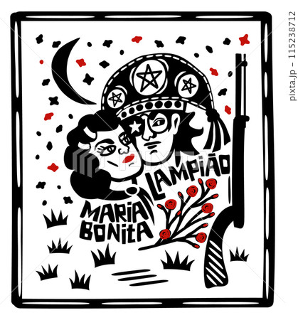 Lampiao and Maria Bonita. Bandits, folk heroes of Brazil. Brazilian cordel style. Northeast woodcut 115238712