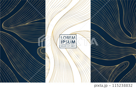 Vector set of wave design line labels, sea patterns, wine package. Art japanese texture, gold luxury abstract ornament. Elegant ocean graphic, fancy illustration. Vector set of wave design line labels, sea patterns, wine package. Art japanese texture, gold luxury abstract ornament. Elegant ocean graphic, fancy illustration. 115238832