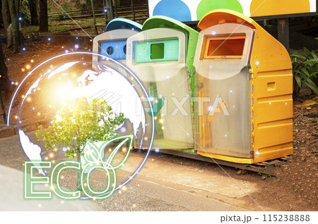 The concept of reducing global warming by separating and recycling waste, 3 types of bins are used to separate waste. The concept of reducing global warming by separating and recycling waste, 3 types of bins are used to separate waste. 115238888