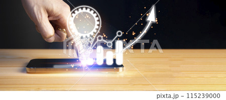 business man concept with finger press on smartphone, business success 115239000