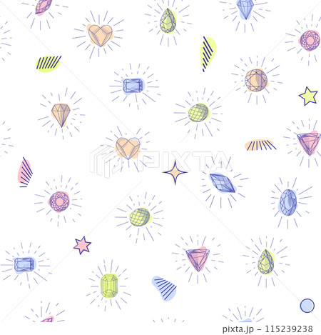 Gemstone crystal seamless pattern. Pastel gems and stars on white background 115239238
