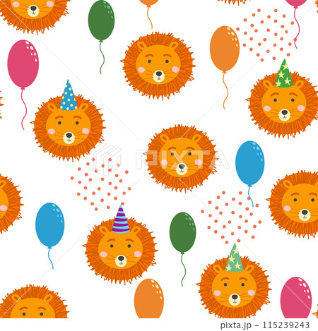 Seamless pattern with cute animal faces. Holiday illustration, birthday, balls, caps Seamless pattern with cute animal faces. Holiday illustration, birthday, balls, caps 115239243