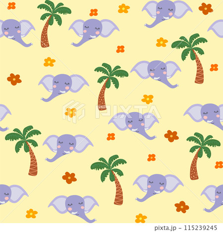 Seamless pattern with cute tribal animal faces. Illustration in boho style, dream catcher, cactus, palm trees, tropics Seamless pattern with cute tribal animal faces. Illustration in boho style, dream catcher, cactus, palm trees, tropics 115239245
