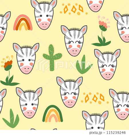 Seamless pattern with cute tribal animal faces. Illustration in boho style, dream catcher, cactus, palm trees, tropics Seamless pattern with cute tribal animal faces. Illustration in boho style, dream catcher, cactus, palm trees, tropics 115239246