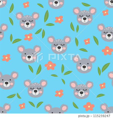 Seamless pattern with cute tribal animal faces. Illustration in boho style, dream catcher, cactus, palm trees, tropics 115239247