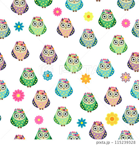 Seamless colorful owl pattern for children with flowers, clouds, branches. 115239328
