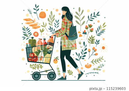 Illustration of a woman pushing a shopping cart filled with a variety of fresh groceries, in a casual outfit 115239603