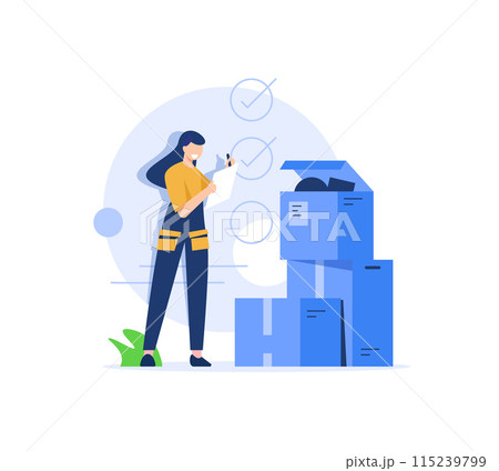 Checking boxes. Warehouse workers preparing products for shipment. The work of the packaging department for the preparation of shipments Checking boxes. Warehouse workers preparing products for shipment. The work of the packaging department for the preparation of shipments 115239799