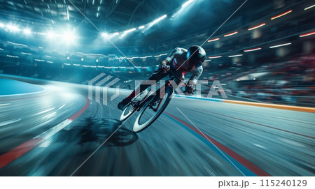A track cycling race in action, cyclist in full sprint on velodrome. Curved track, blurred audience 115240129
