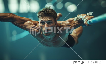 Dynamic image of a male gymnast performing on horizontal bar, gymnastics arena. Strength and agility 115240136