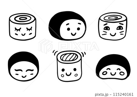 Sushi Funny Kawaii Japanese Food Doodle Icons Set Sushi Funny Kawaii Japanese Food Doodle Icons Set 115240161