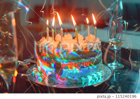 A birthday cake with burning candles on top of it 115240196