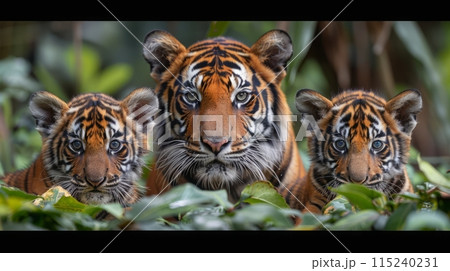 Tigress with her adorable cubs in the wild looking at the camera. Wildlife concept. 115240231