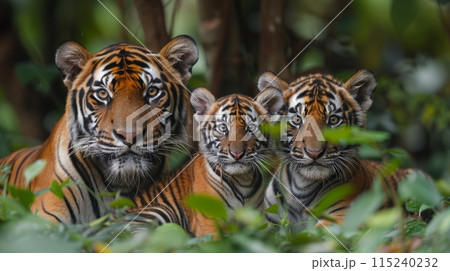 Tigress with her adorable cubs in the wild looking at the camera. Wildlife concept 115240232