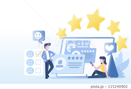 Customer satisfaction survey and feedback review concept. Positive and negative respond, rating star, loyalty, good experience. Gives 5 star rating satisfaction with the product or service. Customer satisfaction survey and feedback review concept. Positive and negative respond, rating star, loyalty, good experience. Gives 5 star rating satisfaction with the product or service. 115240902