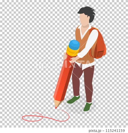 3D Isometric Flat Set of Students Holding Giant Pencil. Item 1 3D Isometric Flat Set of Students Holding Giant Pencil. Item 1 115241159