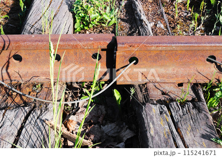 Old rusty railroad rail joint gap closeup Old rusty railroad rail joint gap closeup 115241671
