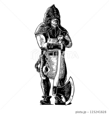 Medieval executioner with axe and shackles. Vector black vintage engraving illustration Medieval executioner with axe and shackles. Vector black vintage engraving illustration 115241828