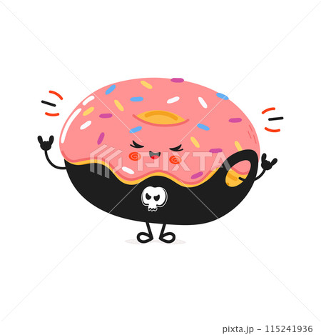 Doughnut heavy metal character. Vector hand drawn cartoon kawaii character illustration icon. Isolated on white background. Doughnut character concept 115241936