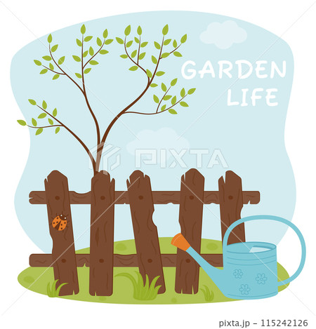 A composition of a garden watering can, a fence, a tree with leaves and a ladybug. Agricultural tools. Garden life. Vector illustration on a background of sky and grass.  115242126