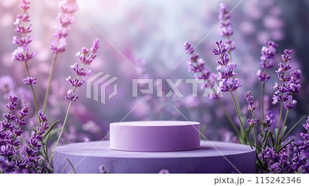 Purple podium surrounded by blooming lavender flowers in a soft, serene setting. Generated AI. Purple podium surrounded by blooming lavender flowers in a soft, serene setting. Generated AI. 115242346