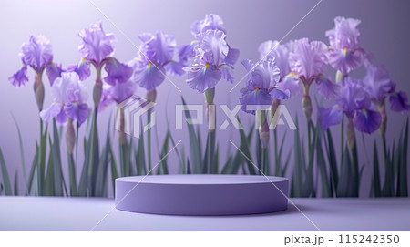 Purple podium surrounded by blooming purple irises and lilac flowers in a soft, elegant setting. Generated AI. Purple podium surrounded by blooming purple irises and lilac flowers in a soft, elegant setting. Generated AI. 115242350