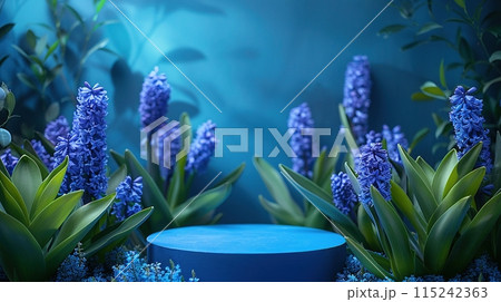 Blue podium surrounded by blooming hyacinths and lush green leaves in a tranquil, natural setting. Generated AI. 115242363