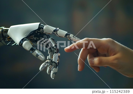 Human hand meets cyberman android hand, comparison of artificial intelligence and human Human hand meets cyberman android hand, comparison of artificial intelligence and human 115242389