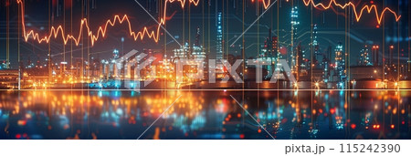 Oil and gas refinery with oil storage tanks and petrochemical plant infrastructure, fuel price change graph, banner Oil and gas refinery with oil storage tanks and petrochemical plant infrastructure, fuel price change graph, banner 115242390