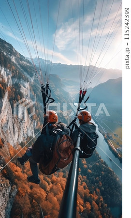 Happy paragliders flying on a paraglider, aerial view of flying paragliders Happy paragliders flying on a paraglider, aerial view of flying paragliders 115242399