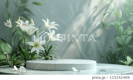 White podium surrounded by blooming white lilies in a softly lit, serene environment. Generated AI. 115242409