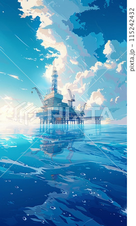 Offshore platform illustration, oil and gas production in ocean or sea, gas and oil production industry, offshore drilling rig 115242432