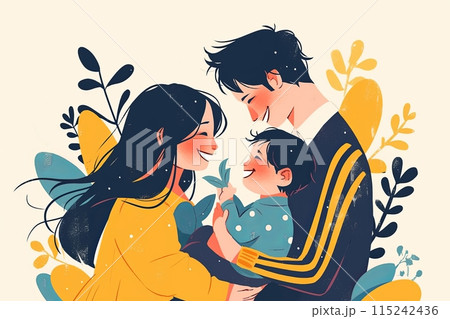 Illustration of happy mom and dad holding baby's hands while playing and having fun with him, happy childhood 115242436